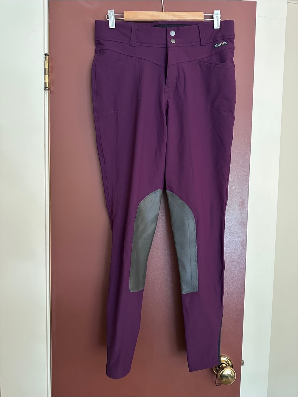 Kerrits Plum Riding Breeches with Gray Knee Patches